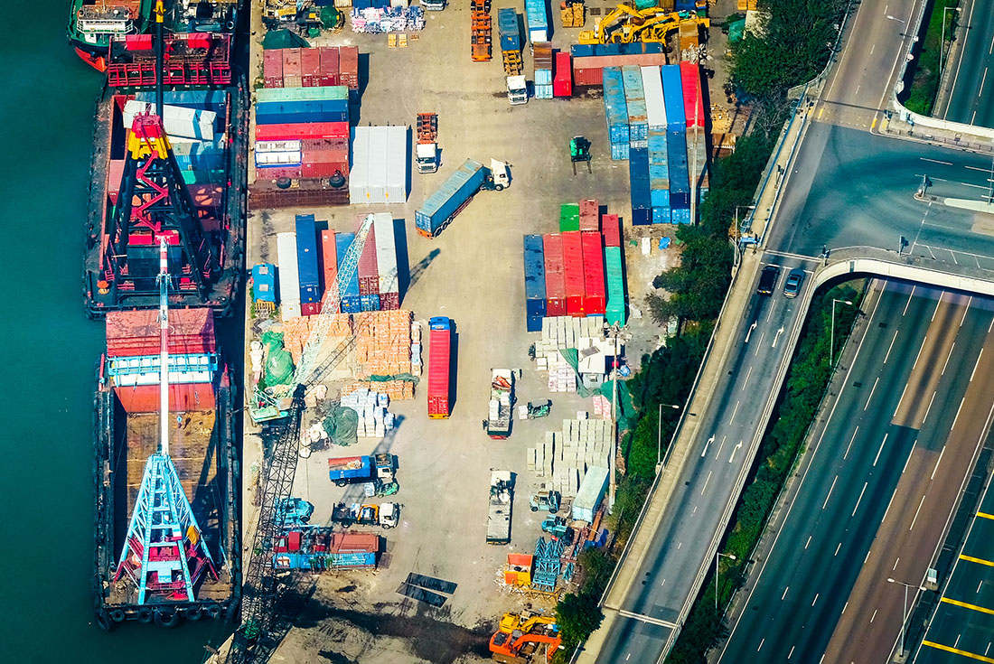 Aerial view of cargo ships at port terminal. Hong Kong